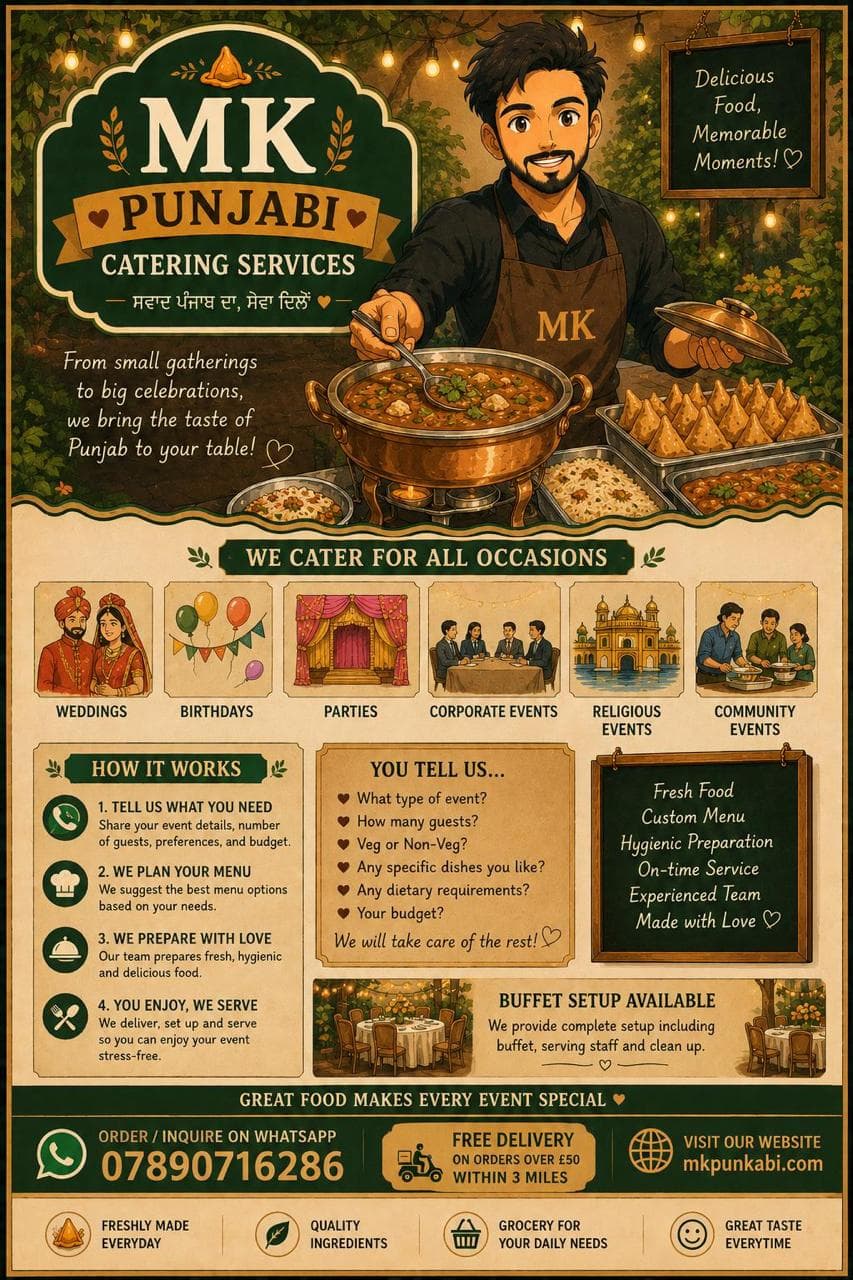 MK Punjabi Catering Services poster with occasions, catering process, buffet setup and WhatsApp inquiry details