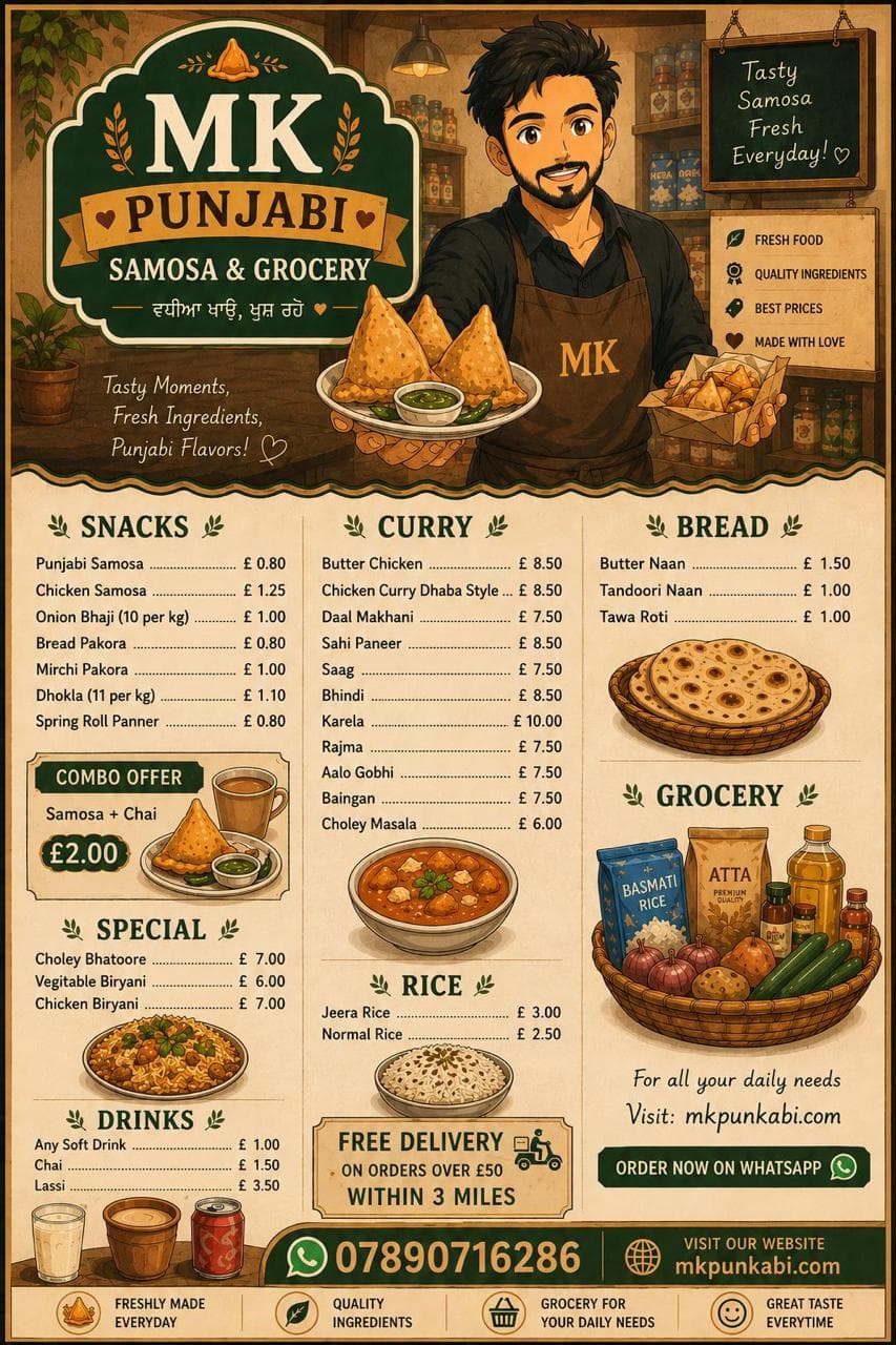 MK Punjabi Samosa and Grocery menu poster with snacks, curry, bread, special items, rice, drinks, grocery, free delivery and WhatsApp ordering details